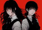  2girls back-to-back bangs black_hair chainsaw_man collared_shirt dual_persona expressionless from_side grey_eyes highres looking_at_viewer looking_to_the_side low_twintails medium_hair messy_hair mitaka_asa multiple_girls neck_ribbon portrait red_background red_eyes ribbon ringed_eyes scar scar_on_cheek scar_on_face scar_on_nose school_uniform shirt short_hair short_twintails simple_background sketch twintails white_shirt yoru_(chainsaw_man) yukke_(nama29_umai) 
