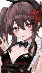  1girl alternate_costume animal_ears bangs black_bow black_bowtie bow bowtie brown_hair flower flower-shaped_pupils genshin_impact hair_ornament hairpin hu_tao_(genshin_impact) rabbit_ears raiya_atelier red_eyes smile solo symbol-shaped_pupils tongue tongue_out v 