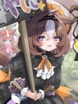 2girls absurdres agnes_digital_(lovely_jiangshi)_(umamusume) agnes_digital_(umamusume) ahoge animal_ears ascot bangs black_dress blurry blurry_background brown_hair chinese_clothes commentary_request days_in_a_flash_(umamusume) depth_of_field dress flying_sweatdrops frilled_sleeves frills ghost_ornament hairband halloween halloween_costume hat highres holding holding_sign horse_ears horse_girl horse_tail jack-o&#039;-lantern_ornament jiangshi_costume lace-trimmed_hairband lace_trim lantern long_hair long_sleeves looking_at_another looking_at_viewer medium_hair meisho_doto_(dot-o&#039;-lantern)_(umamusume) meisho_doto_(umamusume) multicolored_hair multiple_girls neck_ribbon official_alternate_costume ofuda orange_headwear orange_ribbon pink_dress pink_hair purple_hairband qing_guanmao red_headwear ribbon sign sleeves_past_fingers sleeves_past_wrists staff tail touko_56 two-tone_hair umamusume white_ascot white_hair 
