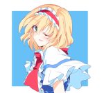  1girl ;d alice_margatroid bangs blonde_hair blue_background blue_eyes hairband ichimura_kanata lolita_hairband looking_at_viewer one-hour_drawing_challenge one_eye_closed open_mouth outside_border red_hairband short_hair short_sleeves simple_background smile solo touhou upper_body 