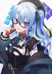  1girl absurdres blue_hair blue_nails glasses grey_headwear hair_ornament highres holding hololive hoshimachi_suisei jacket jewelry looking_at_viewer nintendo_switch pendant plaid plaid_headwear plaid_jacket ribbon_earrings shinomiya_shino_(sinosino141) side_ponytail smile star_(symbol) star_in_eye symbol_in_eye virtual_youtuber 