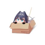  1girl appleblossomtea black_gloves black_hair blue_eyes box cardboard_box chain gloves hairband highres hololive hololive_english in_box in_container ouro_kronii solo virtual_youtuber 
