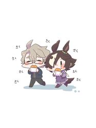  1boy 1girl :3 animal_ears blue_jacket blush brown_eyes brown_hair chibi closed_eyes closed_mouth eating food food_in_mouth glasses grey_pants hair_over_one_eye holding holding_food horse_ears horse_girl horse_tail jacket long_hair long_sleeves maru_(hachi_47923) pants purple_shirt purple_skirt purple_thighhighs school_uniform shirt short_hair simple_background skirt smile tail thigh-highs tracen_school_uniform trainer_(umamusume) umamusume vodka_(umamusume) white_background 