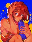  1boy arm_up blush bottle bright_pupils brown_eyes brown_hair collarbone dark-skinned_male dark_skin ff14_ttb hair_between_eyes highres holding holding_bottle kel_(omori) looking_at_viewer omori parted_lips short_hair sleeveless solo sweat toned toned_male water_bottle white_pupils 