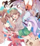  1girl ;d ahoge animal_ears bangs blue_eyes body_fur border brown_fur brown_hair clenched_hand clouds commentary dutch_angle emolga forehead frilled_skirt frills furry galarian_rapidash gloria_(pokemon) green_eyes green_headwear green_skirt highres holding looking_at_viewer lopunny lurantis momon_mc one_eye_closed open_mouth palossand parted_bangs pink_eyes pleated_skirt poke_ball pokemon pokemon_(creature) pokemon_(game) pokemon_swsh rabbit_ears red_eyes shadow skirt sky smile solo sparkle talonflame two-tone_fur v-shaped_eyebrows white_border yellow_fur 