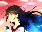  1girl bangs blue_eyes blush brown_hair colored_inner_hair cup disposable_cup drink drinking drinking_straw drinking_straw_in_mouth earrings holding holding_cup jewelry long_hair messy_room multicolored_hair neckerchief original profile school_uniform serafuku sky solo space_print star_(sky) star_(symbol) star_earrings starry_sky starry_sky_print sunset suteki_shuushuuiin_chou wind 