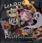  2girls alina_gray alina_gray_(halloween_ver.) an_sin bandaged_arm bandages bubble_skirt chain choker frills green_eyes green_hair halloween halloween_costume hat highres magia_record:_mahou_shoujo_madoka_magica_gaiden magical_girl mahou_shoujo_madoka_magica mask_over_one_eye misono_karin misono_karin_(halloween_ver.) multicolored_clothes multiple_girls official_alternate_costume pumpkin purple_hair ribbon sarashi single_hair_ring skirt smile star_(symbol) 