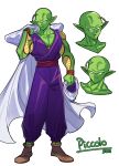  1boy absurdres antennae bald black_eyes brown_footwear cape collarbone colored_skin commentary_request dragon_ball dragon_ball_z full_body green_skin highres looking_at_viewer male_focus multiple_views no_headwear pants piccolo pointy_ears purple_pants purple_shirt red_sash sash shirt shoes silvercandy_gum simple_background sleeveless sleeveless_shirt smile standing white_background white_cape 