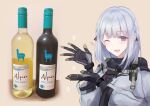  1girl absurdres bangs blush bottle braid breasts girls_frontline grey_hair hair_ornament highres looking_at_viewer martinreaction one_eye_closed open_mouth rpk-16_(girls&#039;_frontline) short_hair smile solo tactical_clothes upper_body violet_eyes wine_bottle yellow_background 
