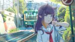  1girl :o alternate_costume bag bangs enoshima_electric_railway ground_vehicle hair_behind_ear highres holding holding_bag hololive hololive_english jl_tan mole mole_under_eye ninomae_ina&#039;nis outdoors pointy_ears power_lines purple_hair scenery school_bag solo tentacle_hair train upper_body violet_eyes virtual_youtuber 