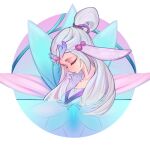  1girl absurdres animal_ears antlers bangs breasts caca_(1zz1) closed_eyes closed_mouth collarbone facing_down from_side grey_background grey_hair hair_rings highres horse_ears league_of_legends lillia_(league_of_legends) medium_breasts official_alternate_costume rope solo spirit_blossom_lillia 