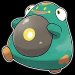  animal_focus bellibolt black_background colored_skin frog full_body green_skin no_humans official_art open_mouth outline pokemon pokemon_(creature) smile solo third-party_source white_outline yellow_eyes 