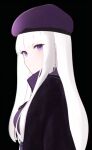  ai-generated beret from_side hat jacket non-web_source purple_beret purple_jacket serious tamaki_shion violet_eyes white_hair 