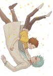  2boys brown_hair coat falling grandfather_and_grandson grey_hair highres labcoat male_focus messy_hair morty_smith multiple_boys ravencrow rick_and_morty rick_sanchez shirt spiky_hair unibrow upside-down white_coat yellow_shirt 