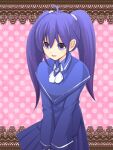  1girl :d ascot bangs blue_capelet blue_shirt blue_skirt blush capelet collared_capelet commentary_request cowboy_shot hair_between_eyes imaichi_moenai_ko kobe_shinbun long_hair looking_at_viewer open_mouth pink_background pleated_skirt polka_dot polka_dot_background purple_hair shirt skirt smile solo tomo-graphy twintails violet_eyes white_ascot 