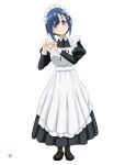  1girl absurdres black_footwear blue_hair bokutachi_no_remake full_body hair_ornament hairclip heart heart_hands highres long_sleeves looking_at_viewer maid maid_headdress nao_suke pantyhose puffy_long_sleeves puffy_sleeves shino_aki shoes simple_background solo standing violet_eyes white_background 