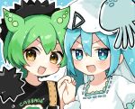  2girls akikan_sabago aqua_eyes aqua_hair black_shirt blush bright_pupils clothes_writing commentary_request dress green_hair hat hat_ornament hatsune_miku holding_hands jellyfish looking_at_viewer multiple_girls niconico open_mouth sea_urchin shirt suspenders twintails vocaloid voicevox white_pupils yellow_eyes zundamon 