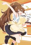  1girl :d ahoge apron black_skirt black_socks breasts bright_pupils brown_eyes brown_hair holding holding_tray ixy large_breasts long_hair looking_at_viewer parfait ponytail skirt smile socks solo taneshima_popura tray white_pupils working!! 