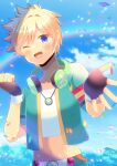  1boy ;d bangs black_gloves blonde_hair blue_eyes blue_sky clouds collarbone commentary_request commission confetti copyright_request crop_top day fingerless_gloves gloves green_jacket hair_between_eyes hands_up headphones headphones_around_neck jacket kou_hiyoyo looking_at_viewer male_focus midriff navel one_eye_closed open_clothes open_jacket outdoors rainbow shirt short_sleeves skeb_commission sky smile solo white_shirt 