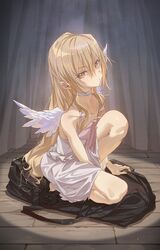  &gt;:( 1girl absurdres aisaka_taiga angel_wings annoyed bangs bare_shoulders between_legs black_bag blonde_hair choker closed_mouth collarbone curtains dress glowing hand_between_legs hand_on_floor highres hxxg knee_up long_hair looking_at_viewer sitting solo spotlight toradora! v-shaped_eyebrows white_choker white_dress wings wooden_floor yellow_eyes 