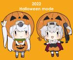  2022 2girls akagi_kurage alternate_costume black_gloves black_headband chibi clothes_removed dress full_body fuyutsuki_(kancolle) gloves grey_eyes halloween_costume hat headband jack-o&#039;-lantern kantai_collection long_hair multiple_girls one_side_up orange_background orange_dress orange_shorts shorts standing white_hair white_headband 