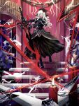  1girl black_dress black_gloves boots candle chain dress fate/grand_order fate_(series) flower gloves grey_eyes grey_hair hat hat_flower highres holding holding_sword holding_weapon kriemhild_(fate) long_dress long_hair signature stairs sword umami_pineapple weapon 