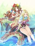  2girls blonde_hair cape indesign juliet_sleeves leotard long_hair long_sleeves mermaid monster_girl multiple_girls protagonist_(romancing_saga_2) puffy_sleeves romancing_saga_2 saga saga_frontier the_final_empress 