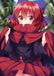  1girl black_shirt blue_bow blush bow cape cloak closed_mouth cowboy_shot hair_bow happy high_collar highres long_sleeves miniskirt one-hour_drawing_challenge pleated_skirt red_cape red_cloak red_eyes red_skirt redhead ruu_(tksymkw) sekibanki shirt short_hair skirt smile solo touhou 