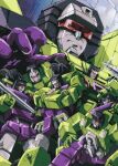  1980s_(style) assault_visor bonecrusher clenched_hands crossed_arms decepticon devastator_(transformers) drill hand_on_own_knee holding holding_sword holding_weapon hook_(transformers) long_haul_(transformers) looking_at_viewer marble-v mecha mixmaster open_hand red_eyes retro_artstyle robot science_fiction scrapper_(transformers) sitting smile sword traditional_media transformers weapon 