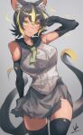  1girl absurdres animal_ear_fluff animal_ears arm_at_side arm_up bangs bare_shoulders black_gloves black_hair black_thighhighs blonde_hair closed_mouth collared_shirt cowboy_shot electricity gloves green_eyes grey_shirt grey_skirt hair_between_eyes highres iparupua kemono_friends lips looking_at_viewer medium_hair miniskirt multicolored_hair multiple_tails necktie parted_bangs raijuu_(kemono_friends) shirt skirt sleeveless sleeveless_shirt smile solo tail tan thigh-highs torn_clothes torn_gloves torn_legwear torn_skirt two-tone_hair two_tails zettai_ryouiki 