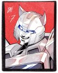  autobot black_border blue_eyes border cliffjumper glowing glowing_eyes head_tilt highres horns lina_rojas mecha open_mouth portrait red_background robot smile solo transformers 