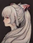  1girl bangs bow closed_mouth commentary fujiwara_no_mokou grey_hair hair_bow highres looking_at_viewer oil_pastel ponytail portrait profile red_bow red_eyes russian_commentary sideways_glance solo svveetberry touhou traditional_media watercolor_pencil_(medium) white_bow 