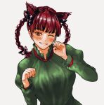  1girl animal_ears blush bow braid breasts cat_ears dress extra_ears green_dress grin hands_up head_tilt highres kaenbyou_rin large_breasts long_sleeves looking_at_viewer me_ri0815 one_eye_closed paw_pose redhead simple_background smile solo touhou twin_braids upper_body white_background 