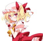  1girl ascot bangs blonde_hair bow flandre_scarlet hat hat_bow ichimura_kanata looking_at_viewer mob_cap one-hour_drawing_challenge one_side_up puffy_short_sleeves puffy_sleeves red_bow red_eyes red_skirt red_vest shirt short_sleeves simple_background skirt solo star_(symbol) touhou vest white_background white_headwear white_shirt wrist_cuffs yellow_ascot 