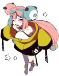  1girl aqua_hair character_hair_ornament hair_ornament iono_(pokemon) jacket long_hair long_sleeves looking_at_viewer multicolored_hair one_eye_closed oversized_clothes pink_eyes pink_hair pokemon pokemon_(game) pokemon_sv sharp_teeth simple_background smile solo standing star_(symbol) teeth two-tone_hair white_background yellow_jacket yuden_33 