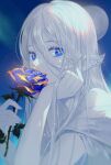  1girl blue_background blue_eyes blue_flower blue_rose character_request colored_skin ear_covers english_commentary flower full_moon head_rest holding holding_flower long_hair looking_at_viewer moon nail night original pointy_ears rose saeldam smelling_flower solo white_hair white_skin yellow_pupils 