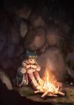  1girl bangs blunt_bangs boots campfire closed_mouth coin_(pokemon) commentary_request croagunk crossed_arms fire highres looking_down pantyhose pink_pantyhose pokemon pokemon_(creature) pokemon_(game) pokemon_legends:_arceus rock short_hair sitting tomafuji_(mmk_tomato) 