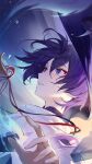  1boy crying crying_with_eyes_open floating floating_hair genshin_impact highres japanese_clothes male_focus purple_hair red_eyeliner scaramouche_(genshin_impact) solo string string_of_fate tears violet_eyes xinghai78834 