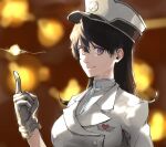  1girl bambietta_basterbine black_hair bleach buttons closed_mouth gloves hair_between_eyes hat highres kdm_(ke_dama) long_hair looking_at_viewer military military_uniform school_uniform smile uniform violet_eyes white_headwear 