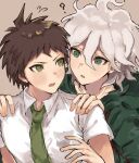  2boys 8kai_(8_floor3) ? absurdres bangs blush collared_shirt danganronpa_(series) danganronpa_2:_goodbye_despair flying_sweatdrops green_jacket green_necktie grey_hair hand_up hands_on_another&#039;s_shoulders highres hinata_hajime hood hood_down hooded_jacket jacket komaeda_nagito looking_at_another male_focus multiple_boys necktie open_mouth shiny shiny_hair shirt short_sleeves upper_body 