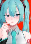  1girl absurdres aqua_eyes aqua_hair august. bare_shoulders commentary grey_shirt hair_between_eyes hand_up hatsune_miku highres lips long_hair looking_at_viewer nail_polish necktie parted_lips red_background shirt sleeveless sleeveless_shirt solo twintails upper_body vocaloid 