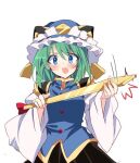  1girl bangs black_skirt blue_eyes blue_headwear epaulettes frilled_hat frills green_hair hat ichimura_kanata juliet_sleeves long_sleeves looking_at_viewer open_mouth puffy_sleeves rod_of_remorse shiki_eiki short_hair simple_background skirt solo touhou upper_body white_background wide_sleeves 