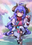  1girl ahoge bangs braid brown_gloves day flower fur_trim gloves grey_pants holding holding_mask hooves horn_flower horns japanese_clothes kimono kindred_(league_of_legends) knee_up lamb_(league_of_legends) league_of_legends long_hair long_sleeves mask mask_removed orange_flower outdoors pants phantom_ix_row purple_hair sheep_girl shiny shiny_hair sideways_glance sitting solo spirit_blossom_kindred tree twin_braids 