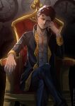  abs black_clover black_hair clock crossed_legs highres lucius_zogratis male_focus open_clothes open_shirt red_eyes throne victor_drawnz 