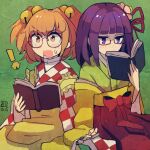  ! 2girls apron bell bespectacled blush book brown_eyes brown_hair checkered_clothes checkered_kimono dated flower glasses green_kimono hair_bell hair_flower hair_ornament hieda_no_akyuu holding holding_book japanese_clothes jingle_bell kimono long_sleeves maaru_(akira428) motoori_kosuzu multiple_girls one-hour_drawing_challenge open_mouth pink_flower purple_hair short_hair signature touhou two_side_up violet_eyes wide_sleeves yellow_apron yellow_kimono 
