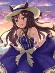  1girl alternate_costume animal_ears black_hair breasts clouds commentary_request hat highres horse_ears horse_tail long_hair medium_breasts mejiro_dober_(umamusume) mochitsuki_wataame nail_polish open_mouth ribbon sky solo straw_hat sunset tail umamusume violet_eyes 