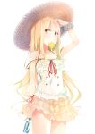  1girl artist_request bangs blonde_hair bottle character_request copyright_request food frilled_skirt frills fruit hat highres lemon long_hair looking_at_viewer non-web_source skirt sleeveless solo straw_hat upper_body 