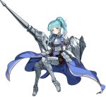  1girl ark_order armor armored_boots artist_request bangs bare_shoulders black_corset black_thighhighs blue_cape blue_hair boots bra braid breastplate cape closed_mouth corset full_body gareth_(ark_order) grey_footwear high_ponytail holding holding_shield holding_weapon long_hair official_art shield sitting solo tachi-e thigh-highs thigh_boots transparent_background underwear weapon white_bra yellow_eyes 