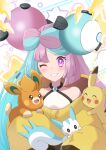  1girl aqua_hair bow-shaped_hair character_hair_ornament commentary_request hair_ornament haru_(haruxxe) highres iono_(pokemon) jacket multicolored_hair oversized_clothes pachirisu pawmi pikachu pink_eyes pink_hair pokemon pokemon_(creature) pokemon_(game) pokemon_sv shirt sleeveless sleeveless_shirt sleeves_past_wrists teeth yellow_jacket 