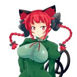  1girl animal_ears bow braid breasts cat_ears cat_tail dress highres himenomikan kaenbyou_rin large_breasts multiple_tails red_eyes redhead solo tail touhou twin_braids 